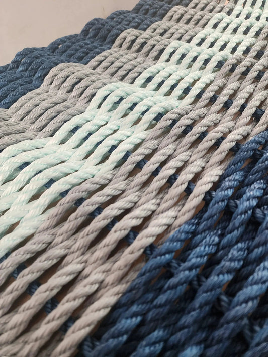 Five Stripe Rope Mat Navy Light Gray Seafoam by Little Salty Rope, rope-textured door mat on Tampa Home & Garden Store