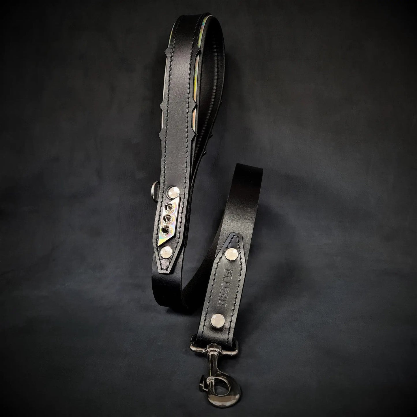 Midas Leather Dog Leash Italian Black Bestia Dog Gear leather lead with metal rivets on Tampa Home & Garden Store