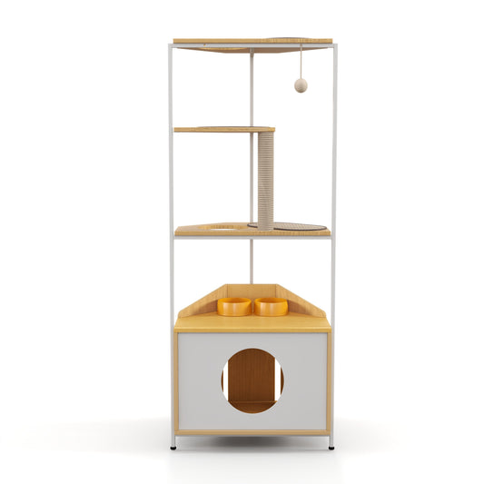 Corner Cat Tower with Scratching Post and Feeding Station by HouseOfZazla, gray frame on Tampa Home & Garden Store