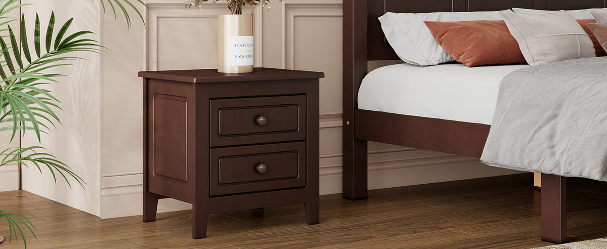 2-Drawer Nightstand by HouseOfZazla in dark brown finish with round knob pulls beside a bed on Tampa Home & Garden Store