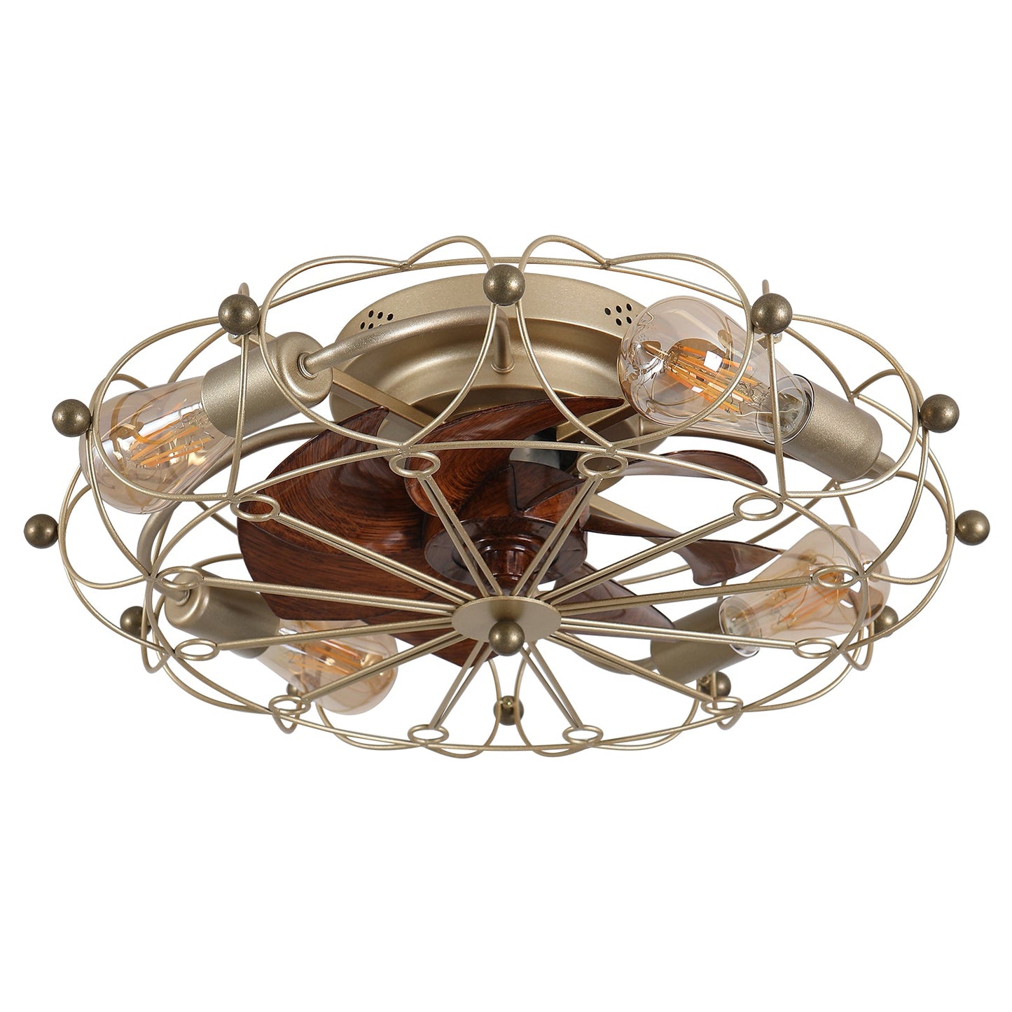 Low-profile caged ceiling fan with lights in brass finish, remote control, HouseOfZazla on Tampa Home & Garden Store
