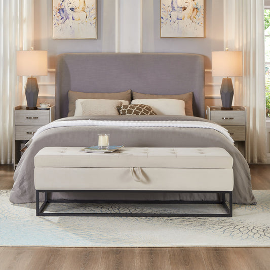 Bed bench with metal base and storage, white upholstered cushion at foot of bed on Tampa Home & Garden Store