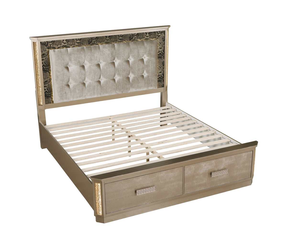 Medusa Modern Style Queen Bed with wood frame, gold finish, tufted beige headboard, drawers on Tampa Home & Garden Store
