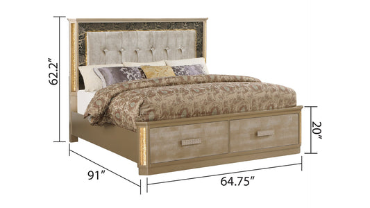 Medusa modern queen bed by HouseOfZazla, gold frame, tufted beige headboard, storage drawers on Tampa Home & Garden Store
