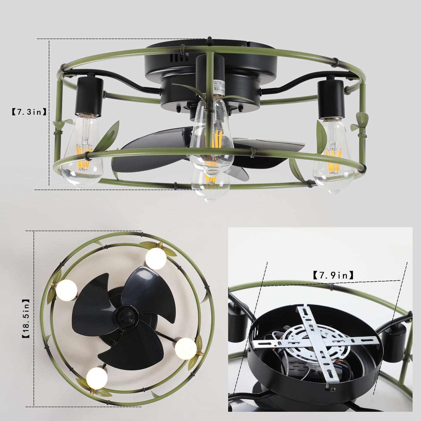 19in green industrial ceiling fan with light, black blades and bulbs HouseOfZazla on Tampa Home & Garden Store