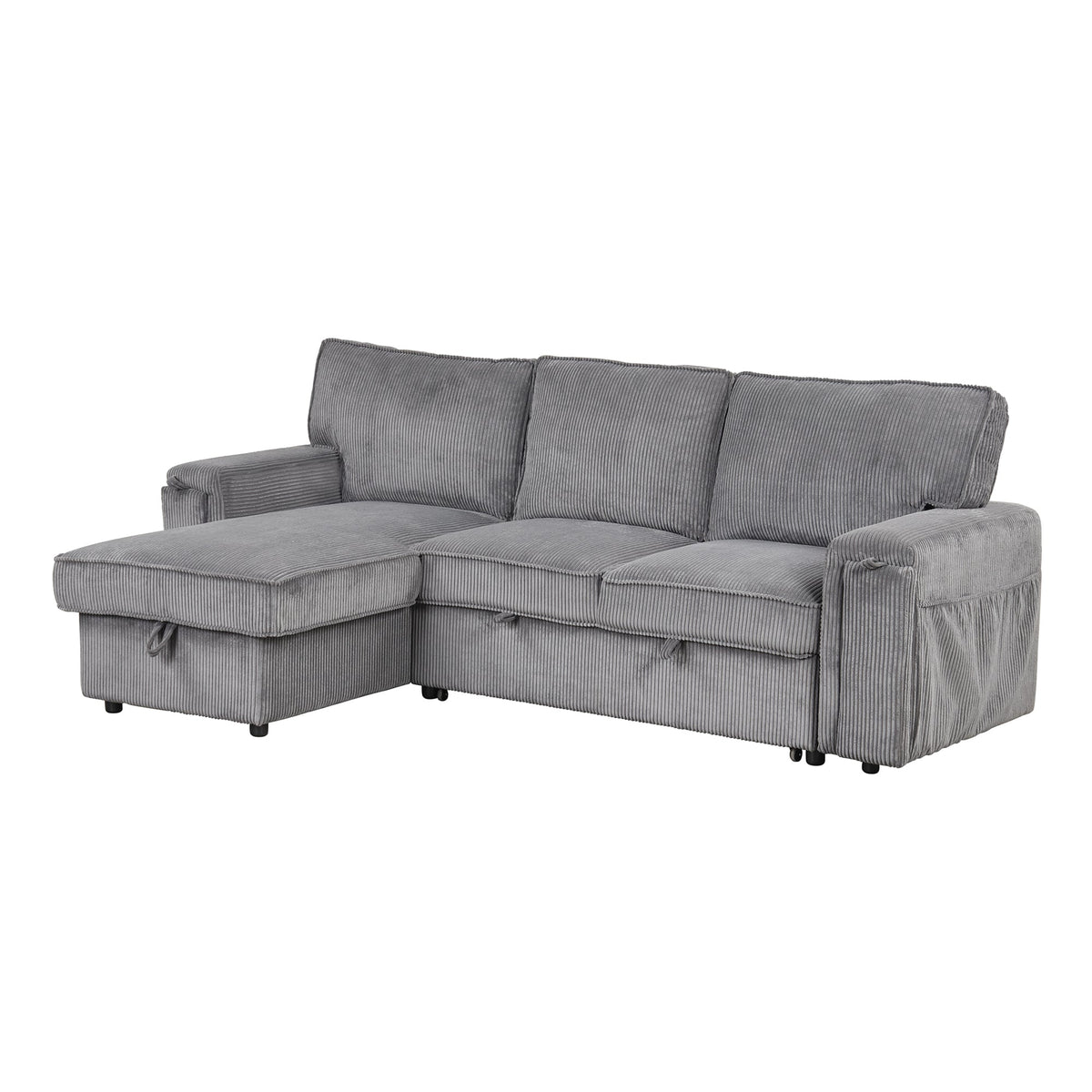 U-Style Upholstery Sleeper Sectional Sofa in gray corduroy with storage ottoman on Tampa Home & Garden Store