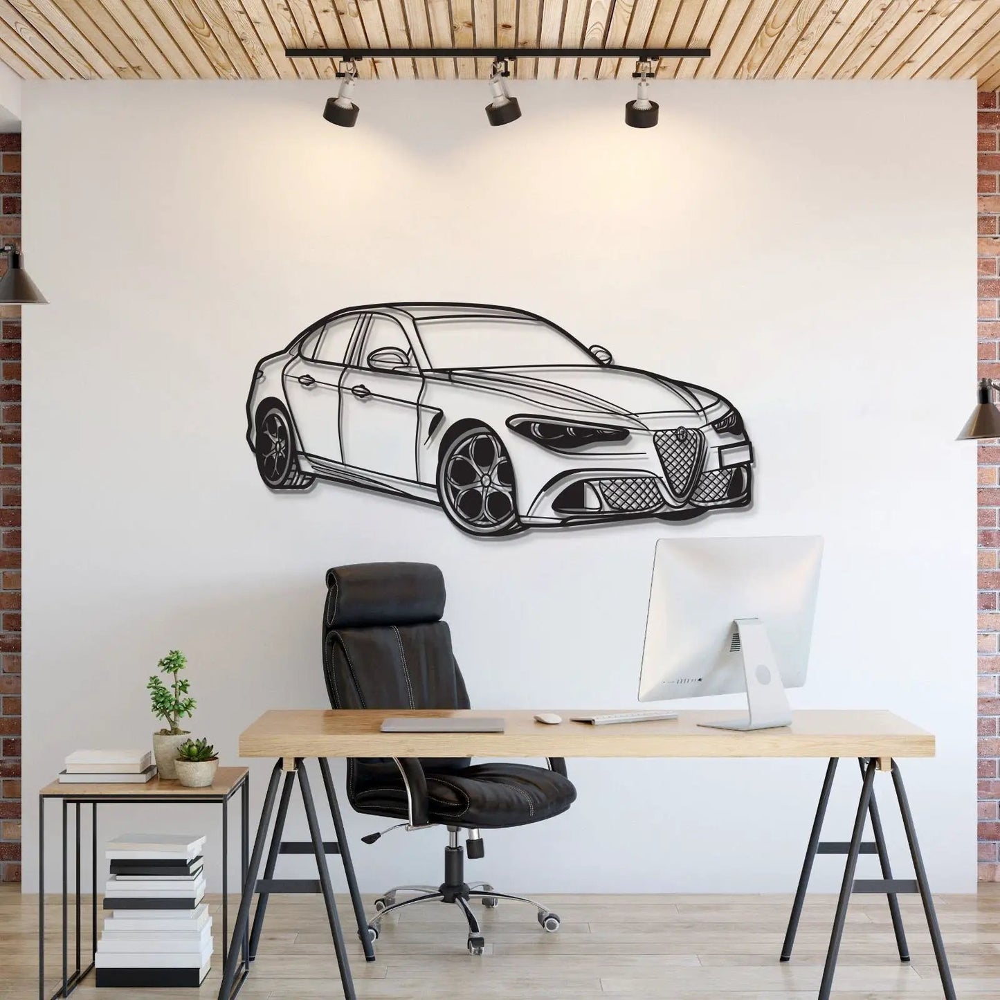 2023 Giulia Quadrifoglio 100th Car Wall Art by Modello Turbo, black line drawing on white background on Tampa Home & Garden Store