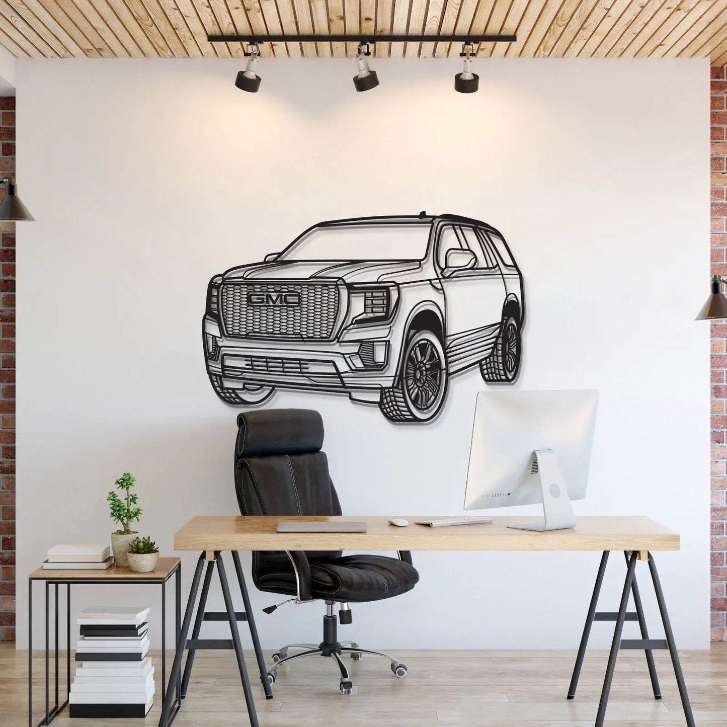 Modello Turbo 2023 Yukon Denali metal wall art, black line-drawn GMC SUV on white wall on Tampa Home & Garden Store