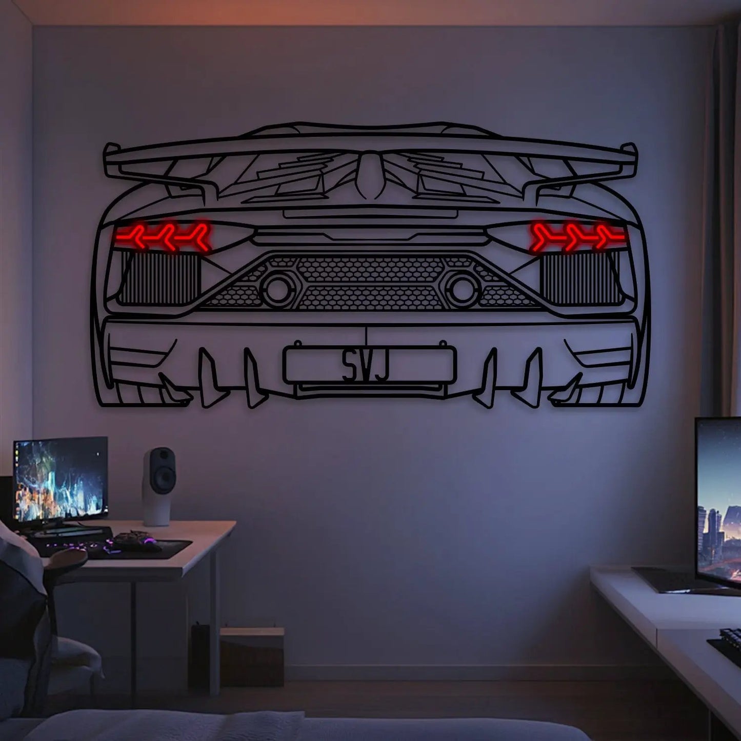Aventador SVJ back-view neon metal car wall art by Modello Turbo, red neon taillights on Tampa Home & Garden Store