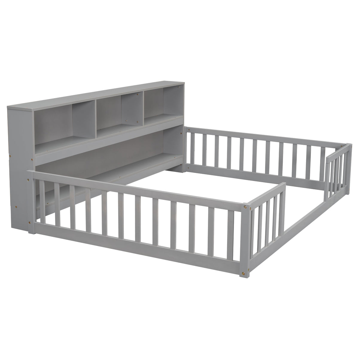 Full floor bed with side bookcase, shelves and guardrails in gray by HouseOfZazla on Tampa Home & Garden Store
