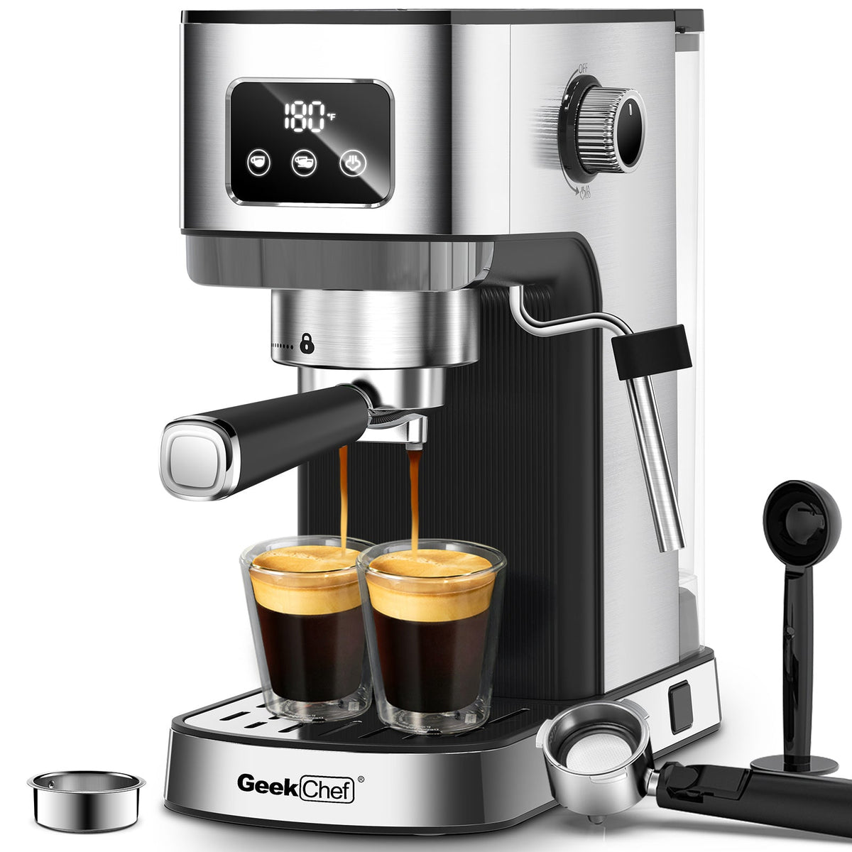 Geek Chef 20 Bar home espresso machine in stainless steel with dual spouts on Tampa Home & Garden Store