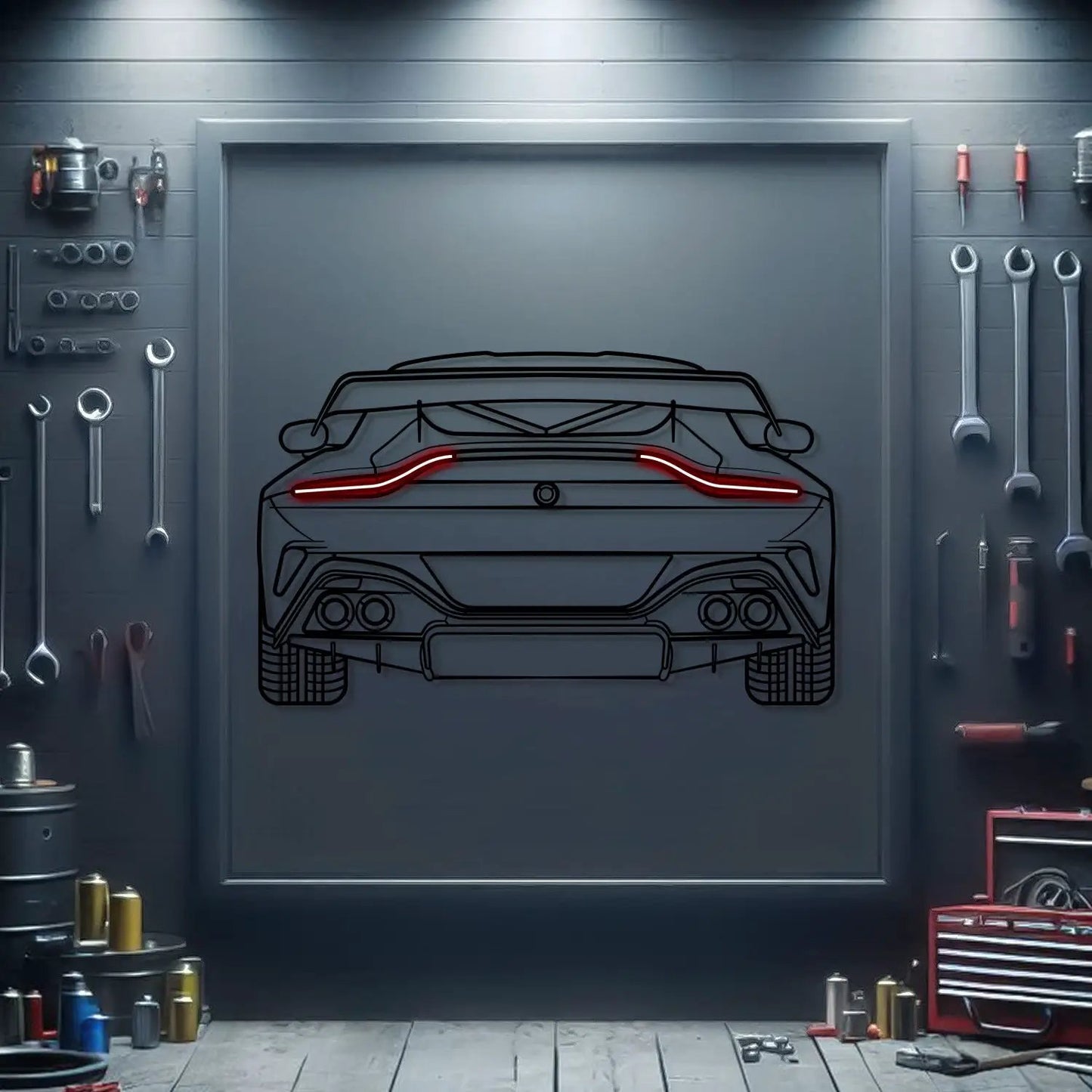 Vantage Neon Car Wall Art Back View Metal by Modello Turbo with red neon taillights on Tampa Home & Garden Store