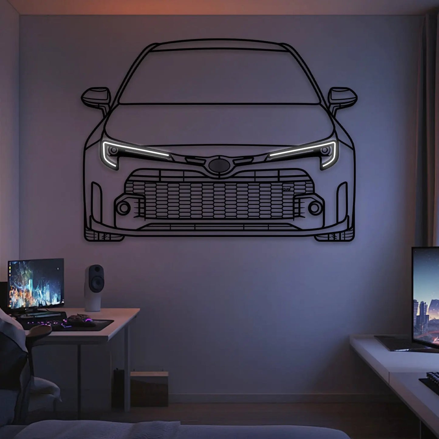 2024 GR Corolla front-view metal neon wall art by Modello Turbo, automotive artwork with lit outline on wall on Tampa Home & Garden Store