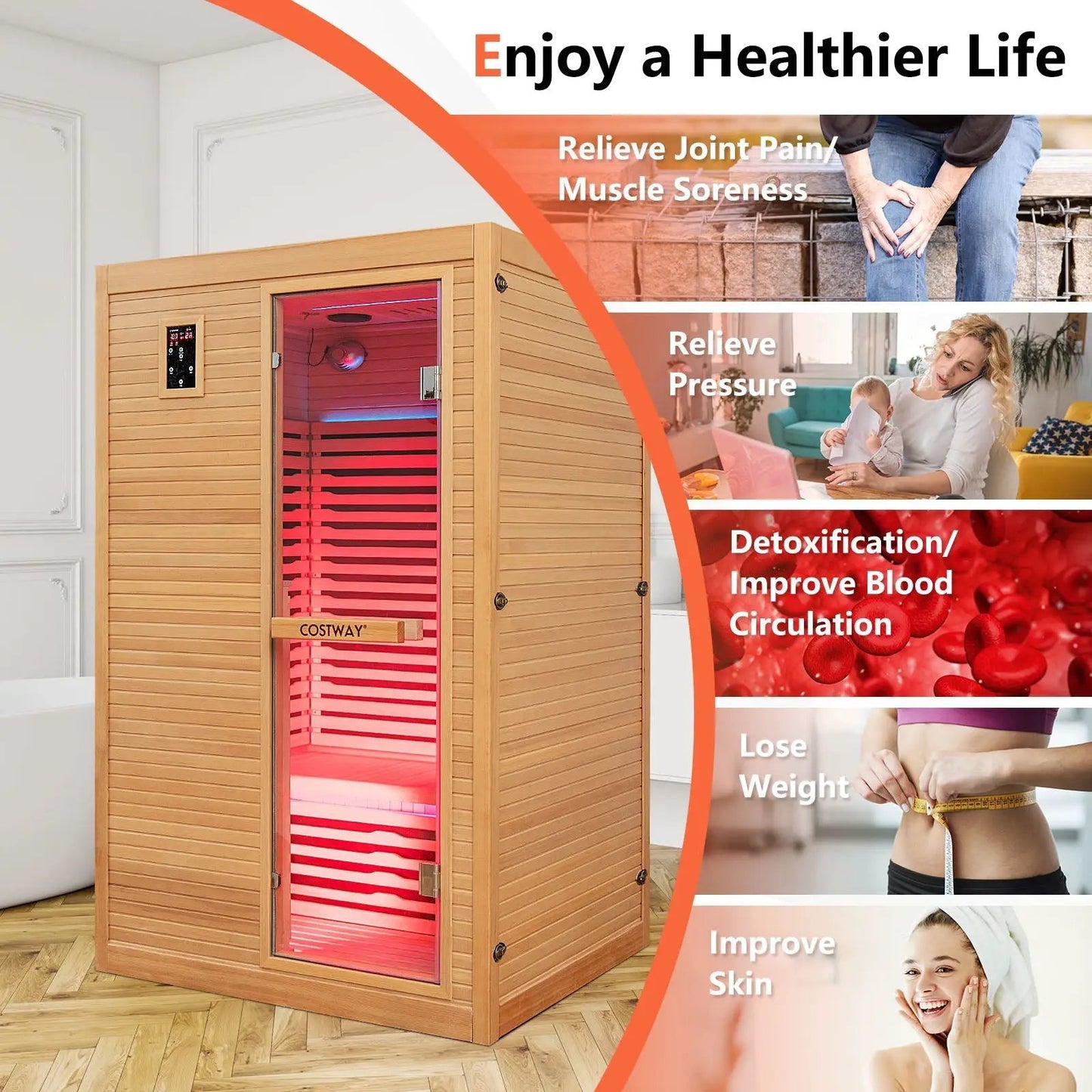 2 Person Far Infrared Wooden Sauna with Red Light, COSTWAY cabin, glass door, digital control on Tampa Home & Garden Store