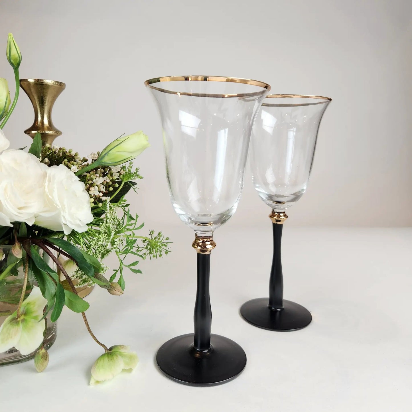 Black-stemmed wine glasses with gold rims; set of 4 on Tampa Home & Garden Store