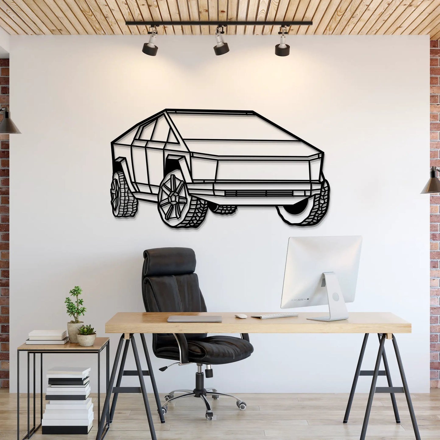 Cybertruck Perspective Metal Wall Art 2025 by Modello Turbo, black line silhouette on white wall on Tampa Home & Garden Store