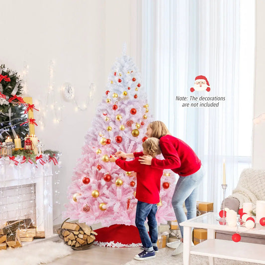 5ft pink artificial Christmas tree with folding metal stand and red-gold ornaments on Tampa Home & Garden Store