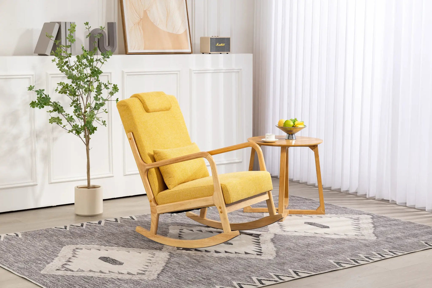 Upholstered yellow rocking chair with lumbar pillow and wooden frame on Tampa Home & Garden Store