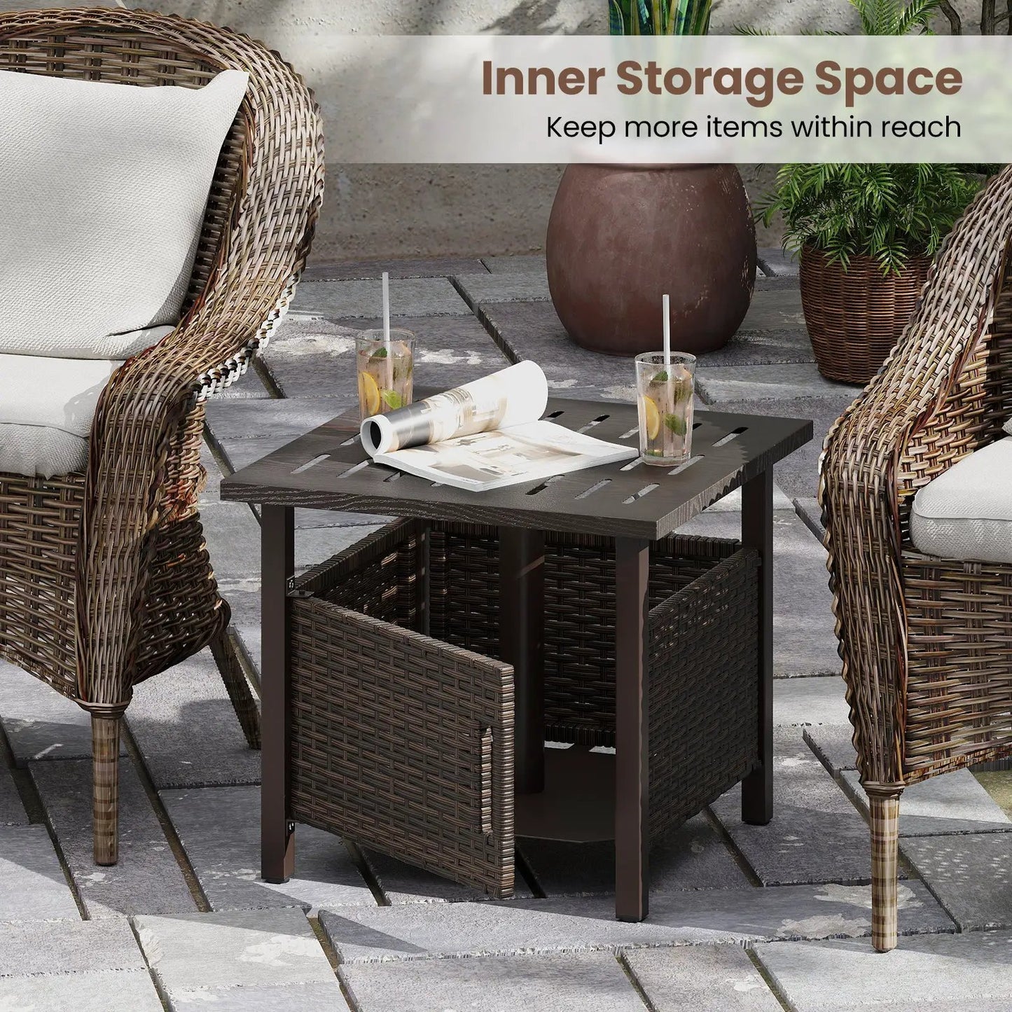 Outdoor Side Table brown handwoven PE rattan with 1.93in umbrella hole DirectDeals on Tampa Home & Garden Store
