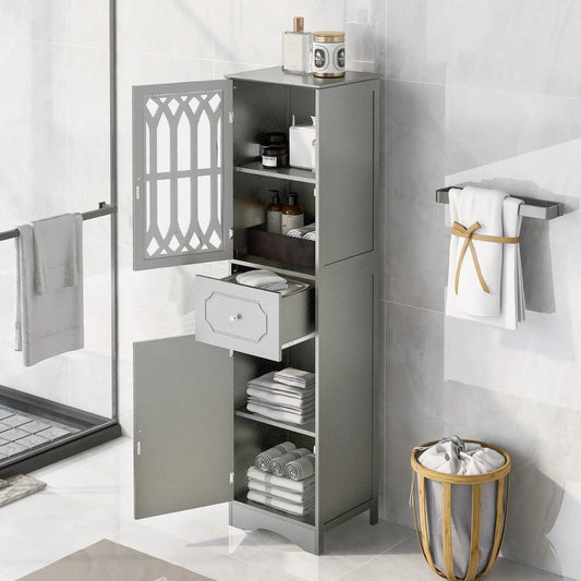 Grey bathroom cabinet with doors and drawer; shelves hold towels on Tampa Home & Garden Store