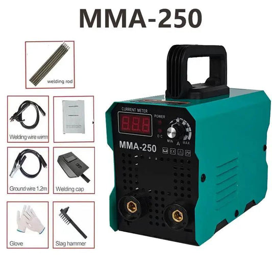 MMA-250 inverter welder in teal with digital display; includes welding rods, ground lead, welding cap, gloves, slag hammer on Tampa Home & Garden Store