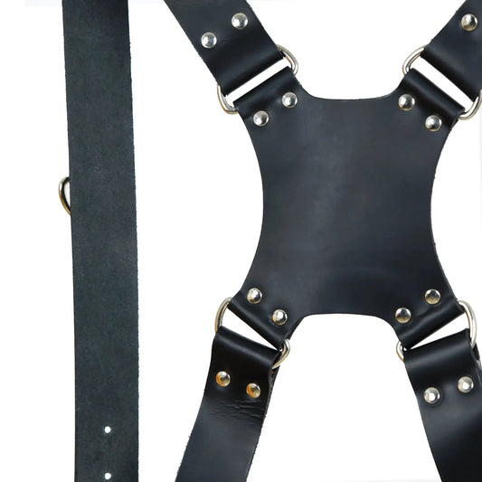Dual leather camera harness strap in black with riveted leather panels and metal D-rings on Tampa Home & Garden Store
