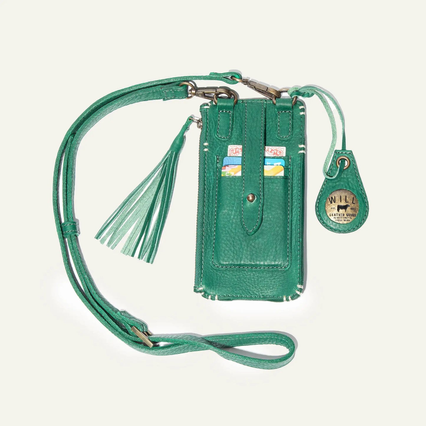 Phone Crossbody Mini Leather With Card Slots by Will Leather Goods green fringe strap on Tampa Home & Garden Store