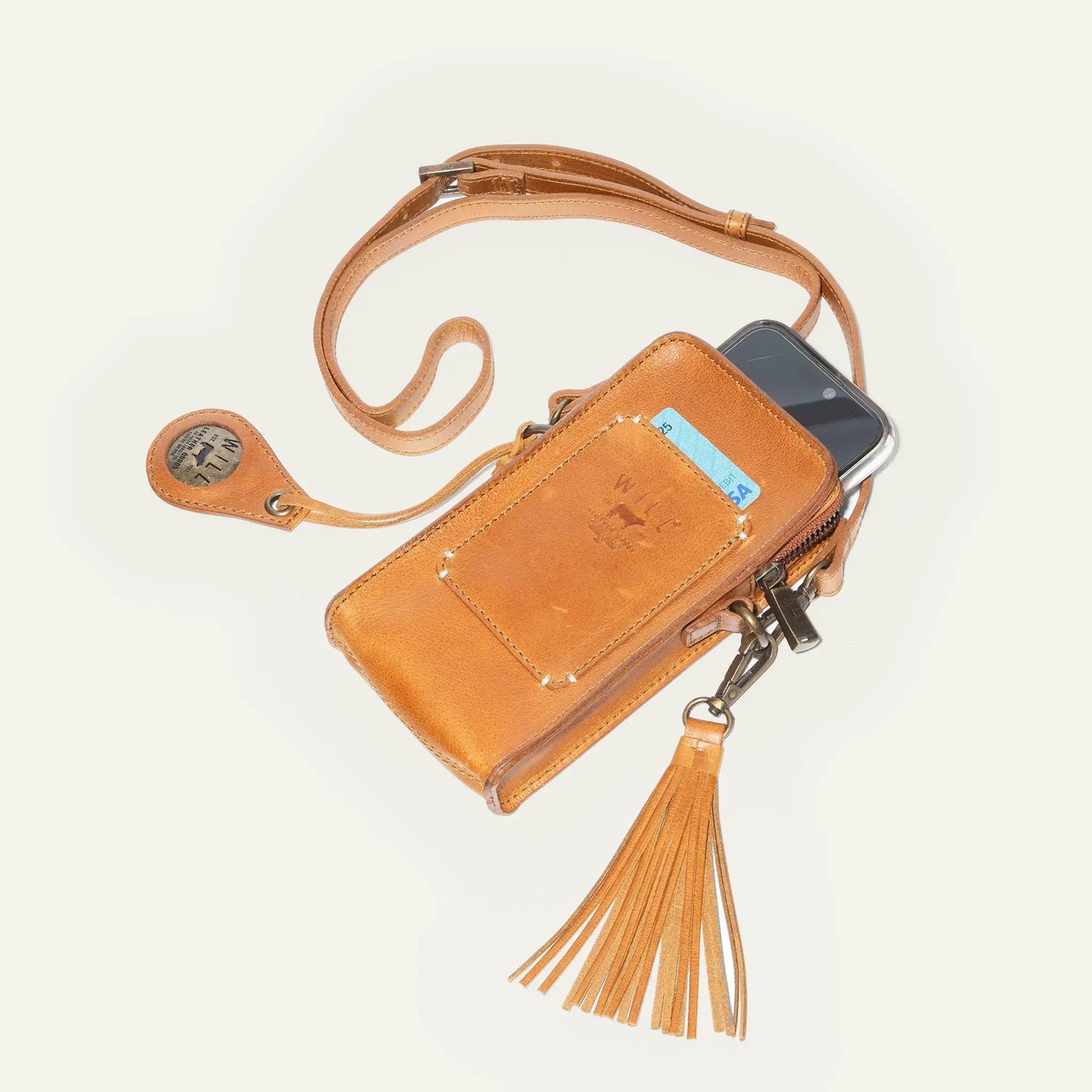 Signature Zip Phone Crossbody Bag by Will Leather Goods, tan leather with adjustable strap on Tampa Home & Garden Store