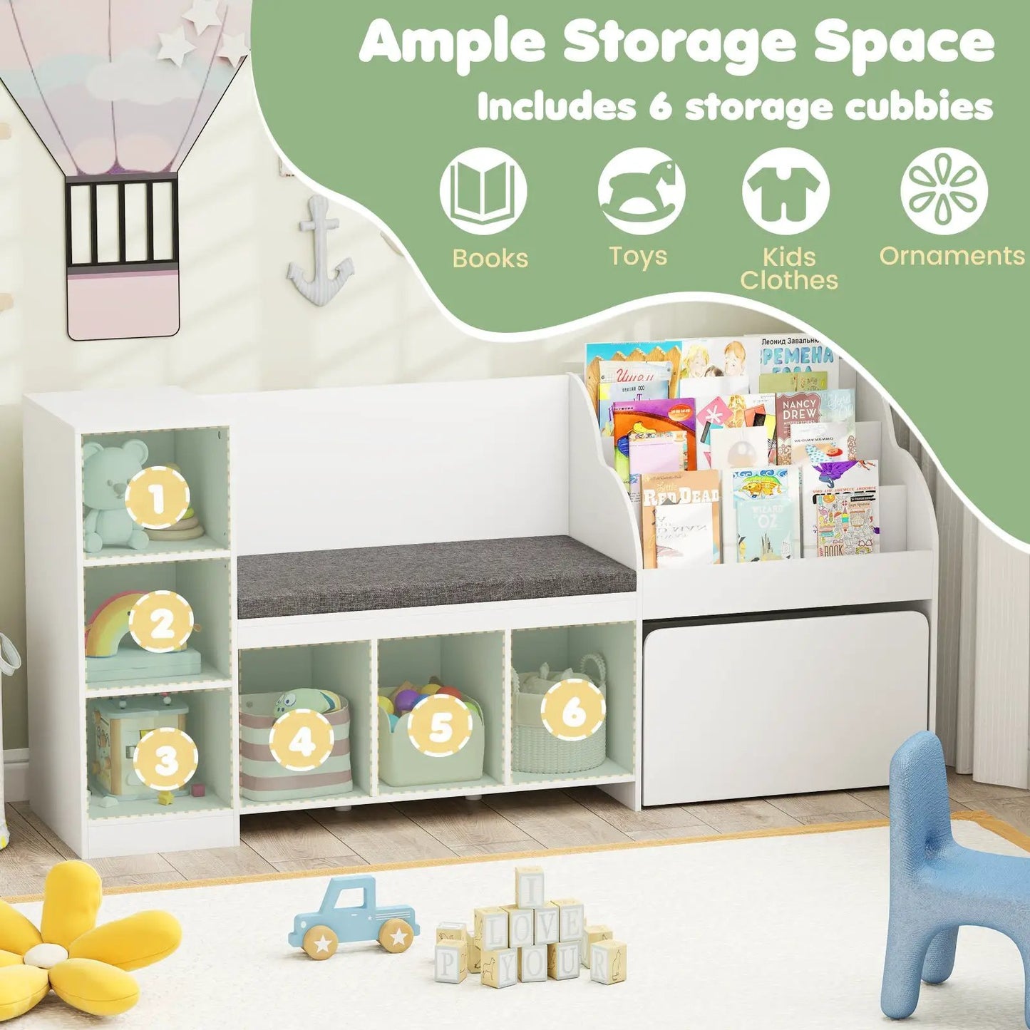 Kids bookcase with reading nook organizer in white, 6 labeled cubbies and built-in bench on Tampa Home & Garden Store