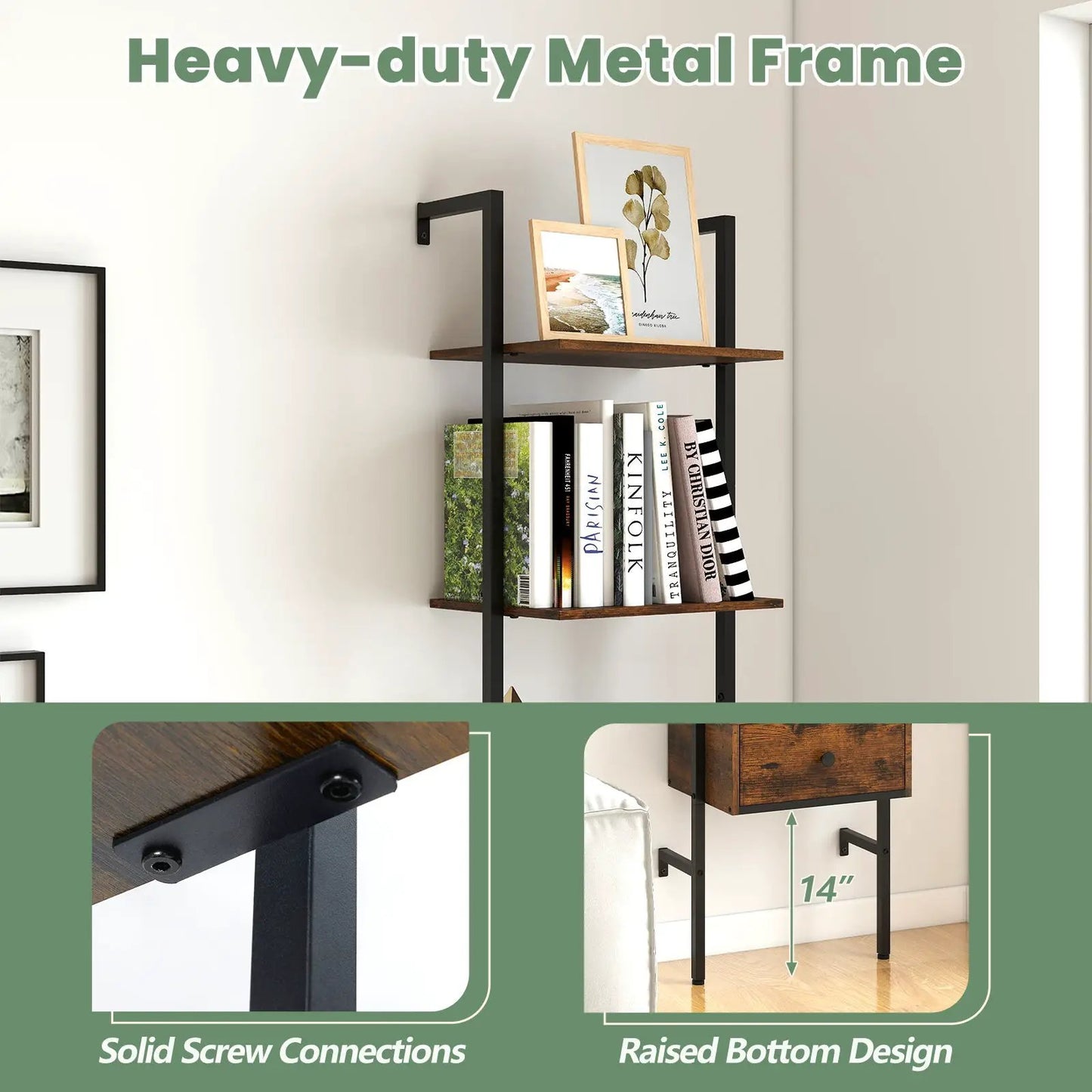 Rustic brown 5-tier ladder bookcase with black metal frame on Tampa Home & Garden Store