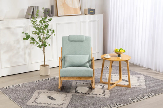 Upholstered rocking chair with high back in teal fabric, wood frame, neck cushion on Tampa Home & Garden Store