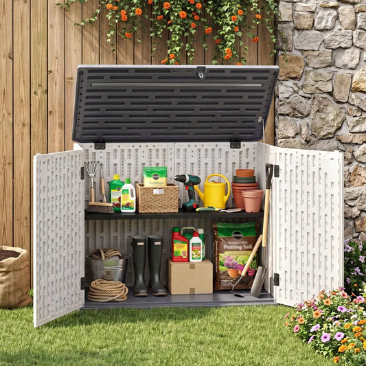 20 cu ft horizontal resin storage shed with adjustable shelf, lid open to show tools on Tampa Home & Garden Store