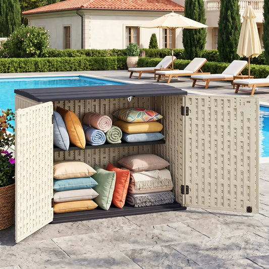 20 Cu Ft horizontal resin storage shed by DirectDeals with adjustable shelf beige with dark lid on Tampa Home & Garden Store