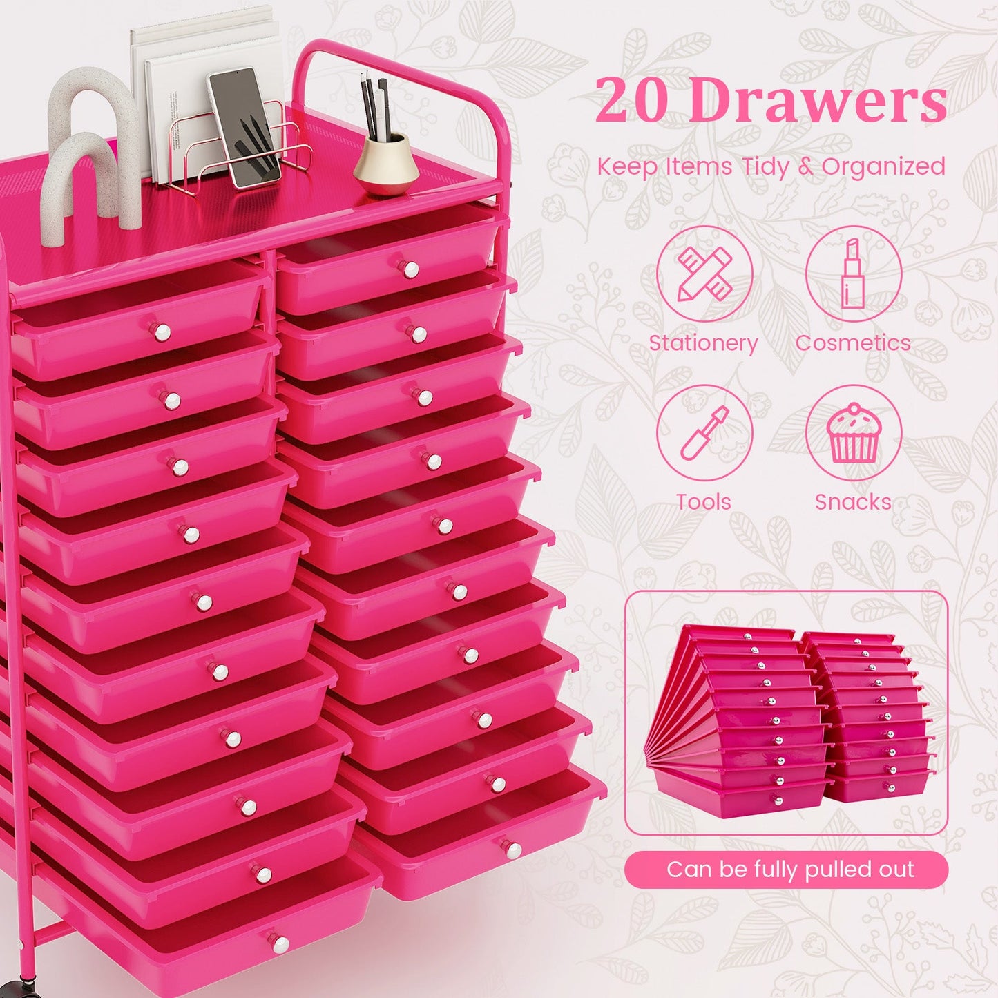 Pink 20-drawer rolling storage cart with removable drawers by DirectDeals, utility cart on Tampa Home & Garden Store