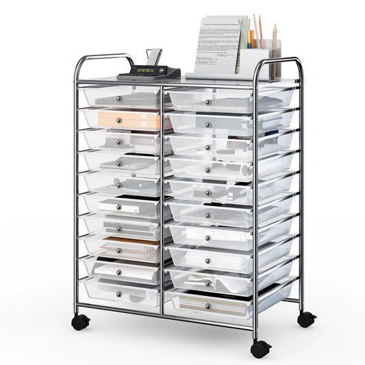 20-Drawer Transparent Rolling Cart with chrome frame and clear drawers on casters on Tampa Home & Garden Store