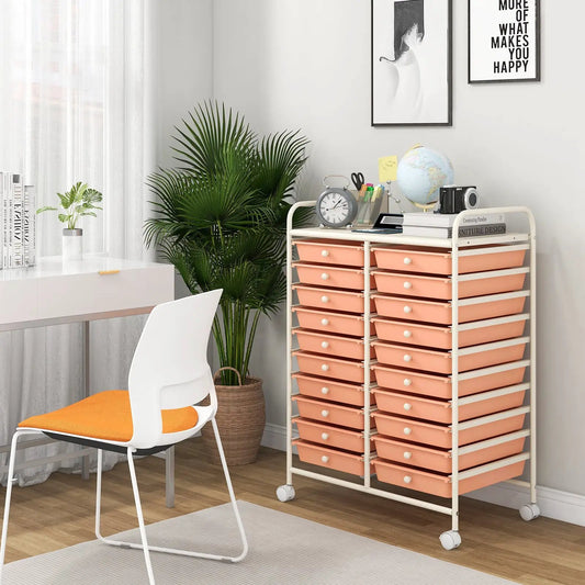 20-drawer peach rolling storage cart with white frame on casters in a bright home office on Tampa Home & Garden Store