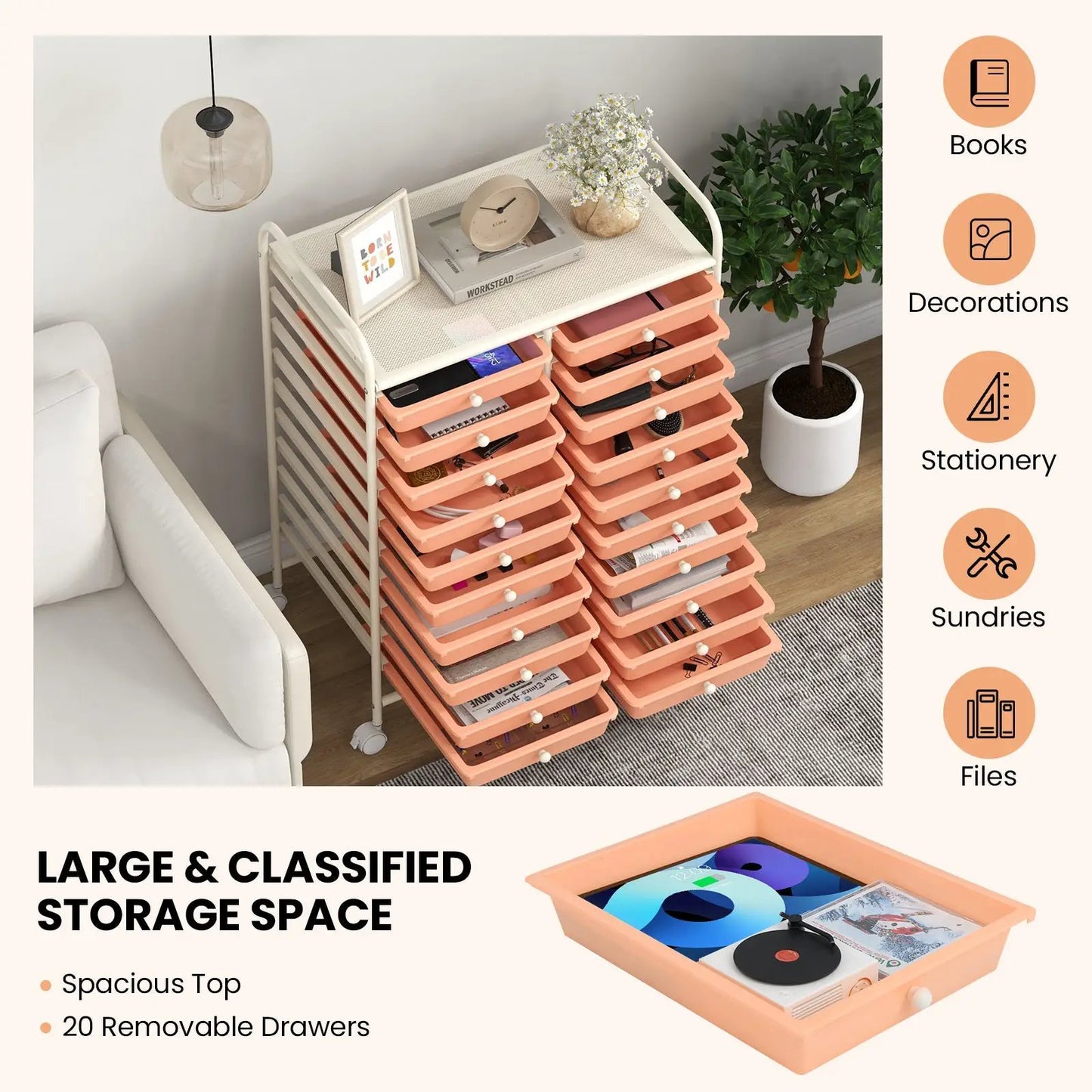 20-drawer peach rolling storage cart with white frame and caster wheels DirectDeals on Tampa Home & Garden Store