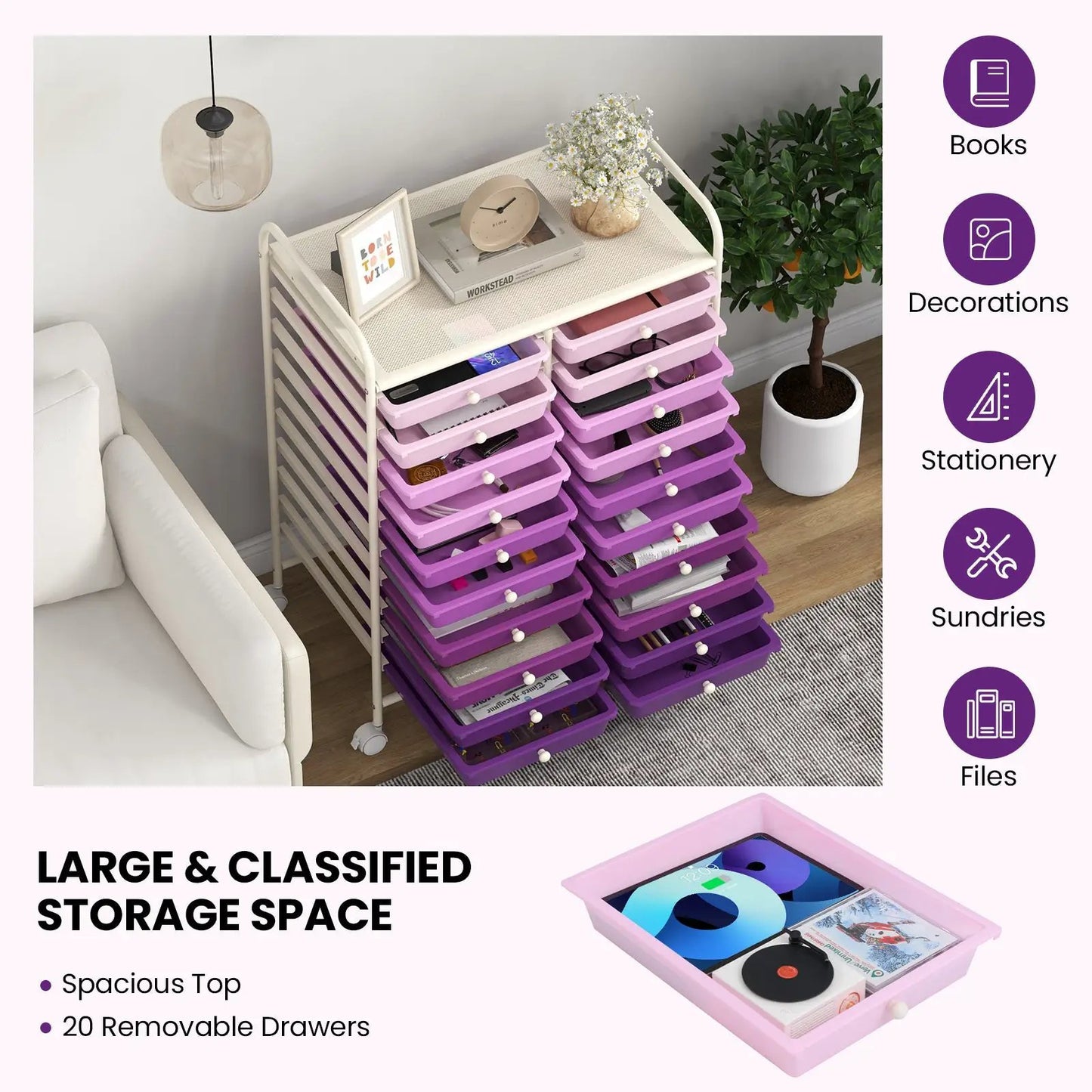 20-drawer rolling cart studio organizer in purple drawers on white metal frame with wheels on Tampa Home & Garden Store