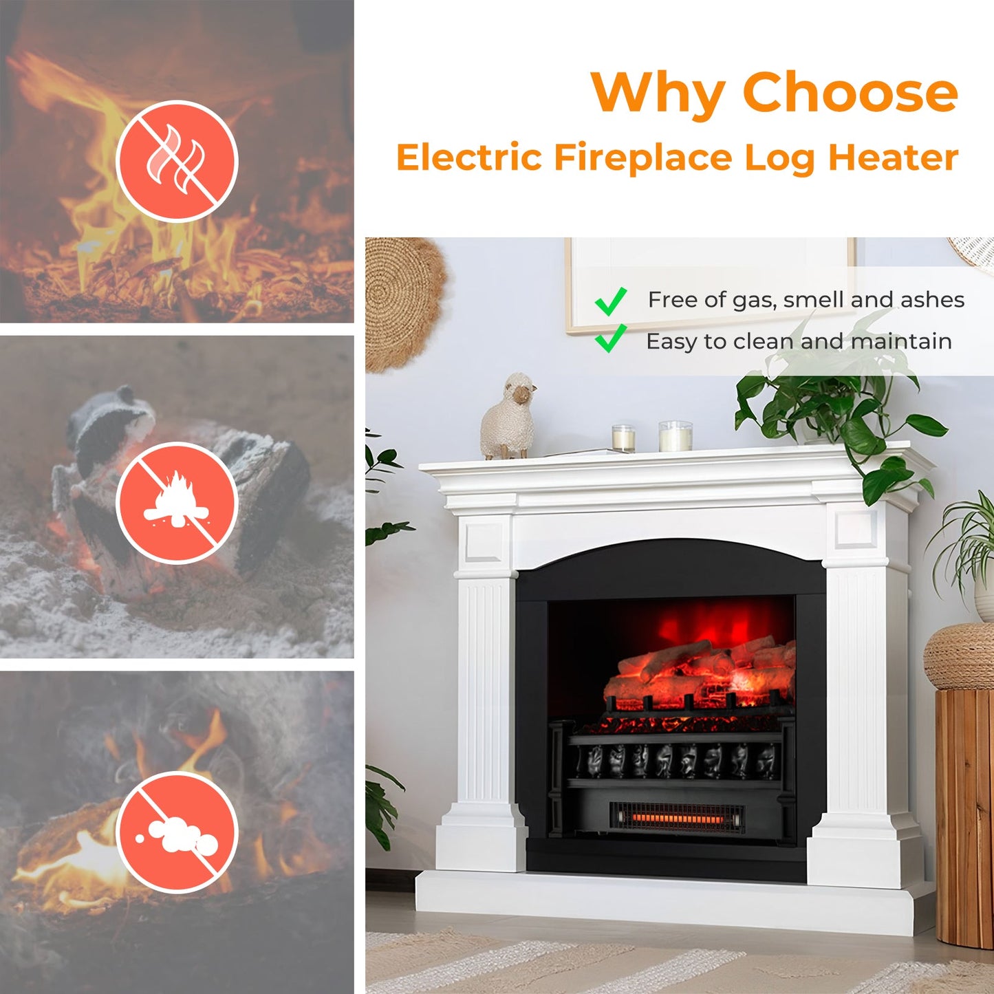 20 Inch Electric Fireplace Heater with Birchwood Ember Bed in Black for indoor fireplaces on Tampa Home & Garden Store