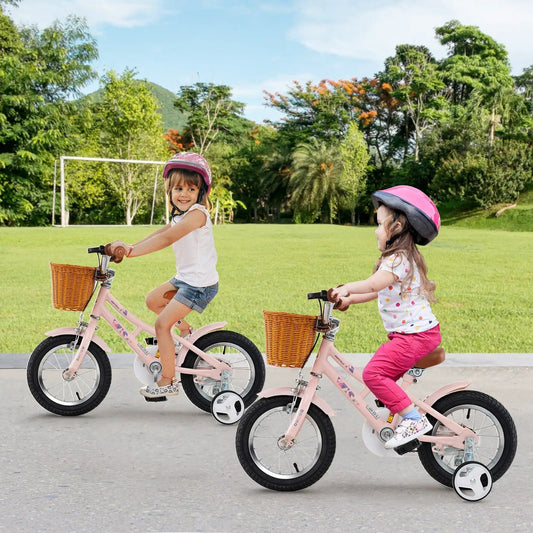 14 Inch Kids Bike Retro With Adjustable Height bicycle with basket two girls riding in a park on Tampa Home & Garden Store