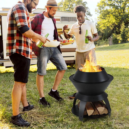 20 Inch Patio Fire Pit Metal Camping Fire Bowl with Pot Holder and Storage Shelf-Black - Tampa Home & Garden Store