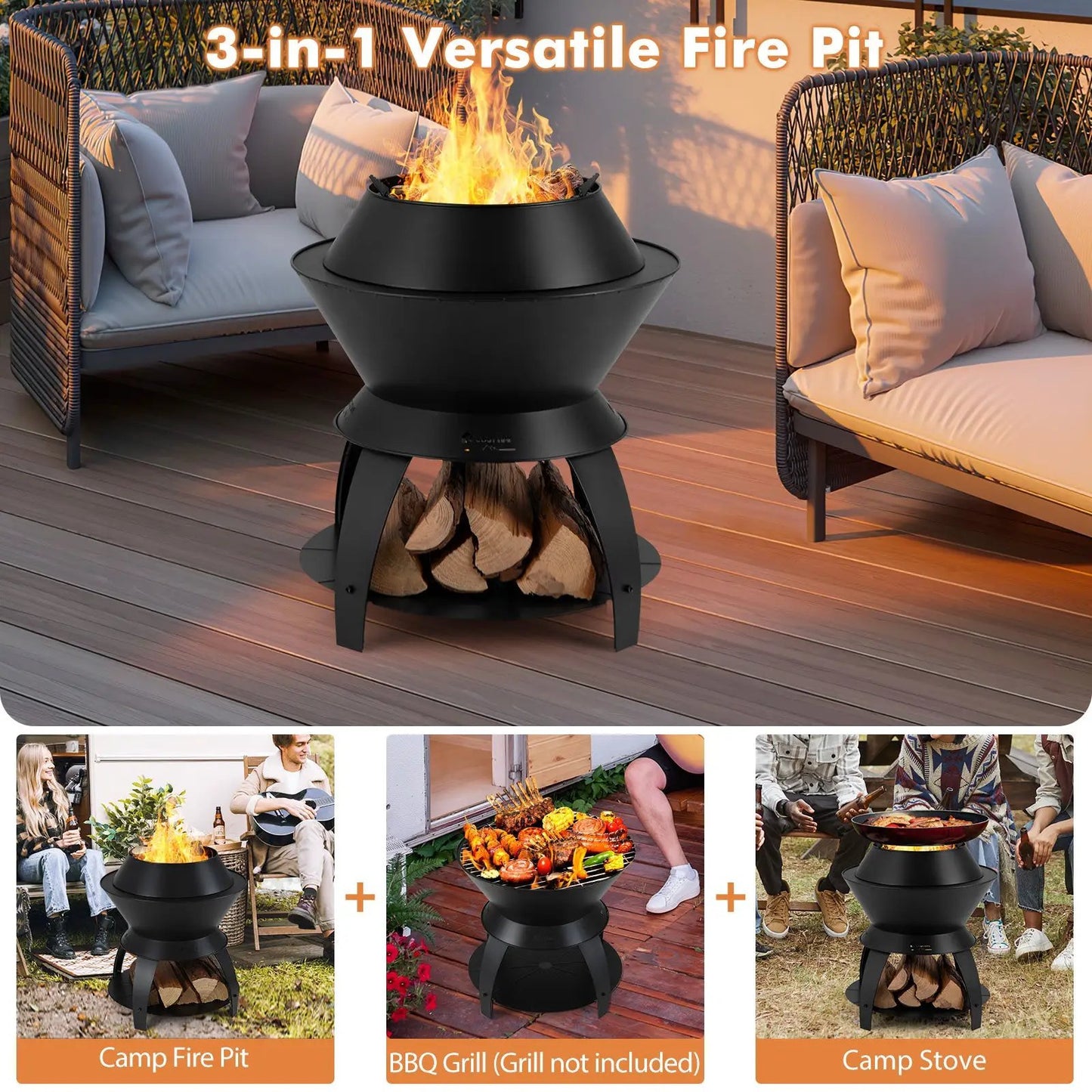 20-inch patio fire pit black metal with pot holder and storage shelf DirectDeals on Tampa Home & Garden Store