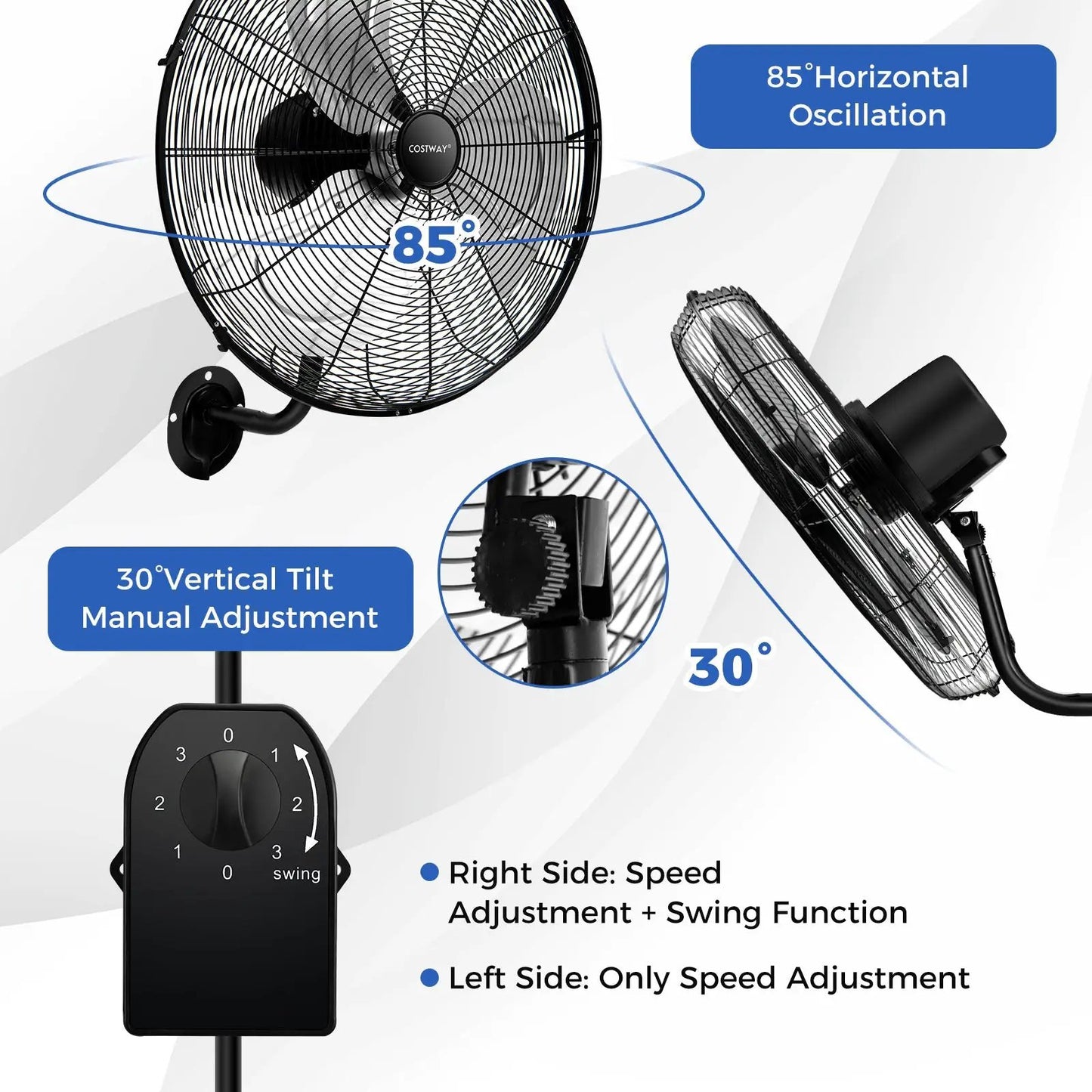 20 Inch Wall Mount Fan with 3 Fan Speeds and Adjustable Tilt Head-Black - Tampa Home & Garden Store