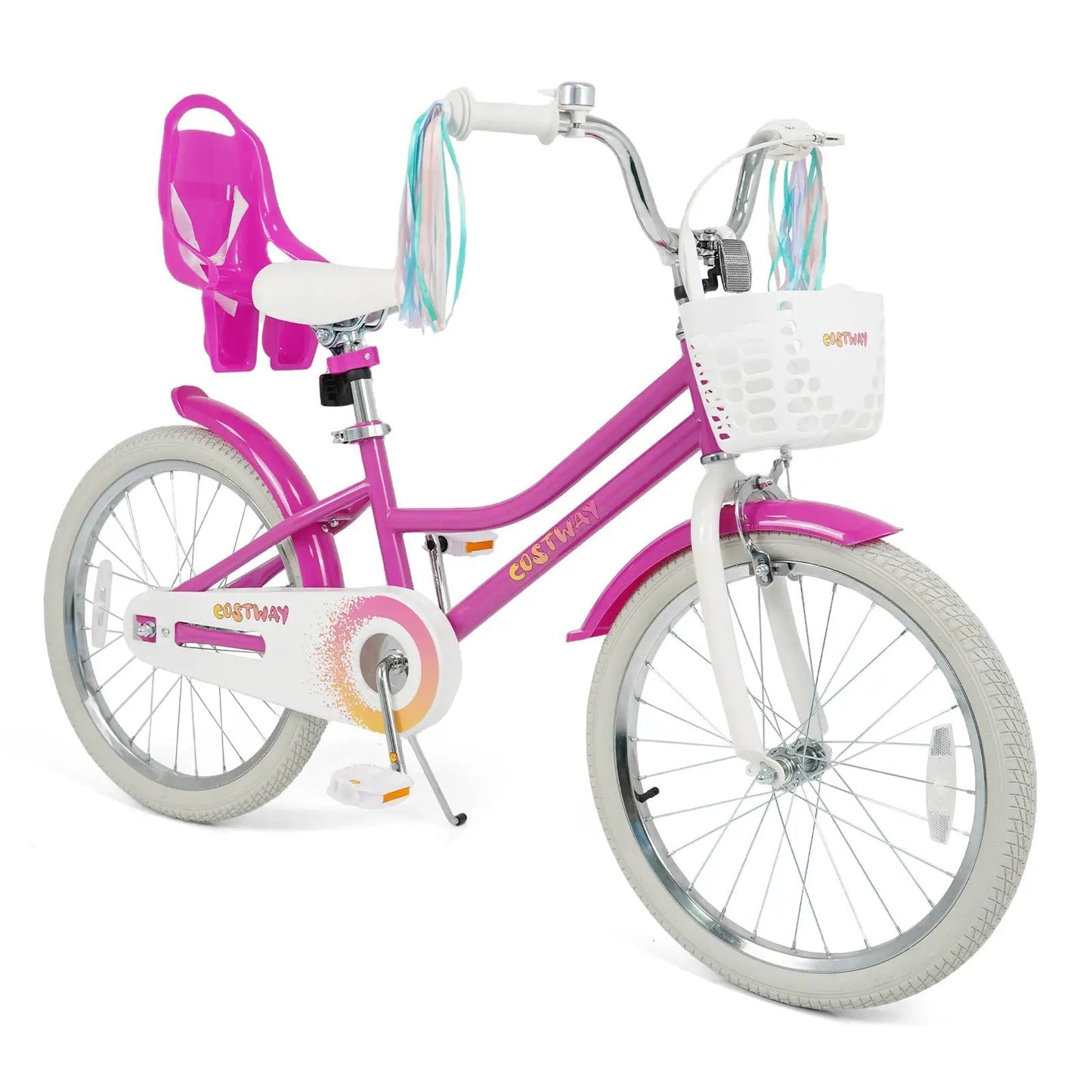 Kids Bike 12 Inch with Training Wheels and Brakes, pink frame, white basket, costway branding on Tampa Home & Garden Store