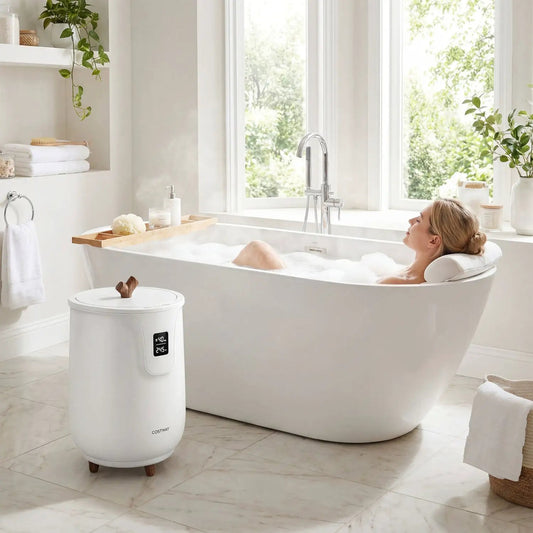 COSTWAY 20L blanket and towel warmer with 3 heat levels, white, digital display beside bathtub on Tampa Home & Garden Store