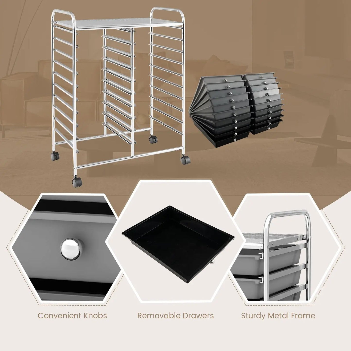 20-drawer rolling studio cart with chrome metal frame and gray removable drawers on casters on Tampa Home & Garden Store