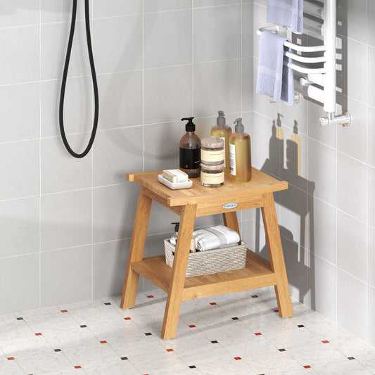20 Inches Teak Wood Shower Bench with Storage Shelf and Adjustable Foot Pads - Tampa Home & Garden Store