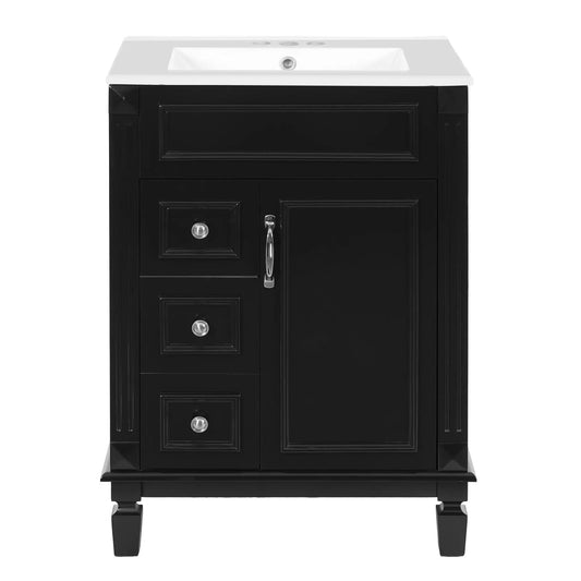 Bathroom vanity with sink black wood cabinet white countertop 2 drawers chrome hardware on Tampa Home & Garden Store