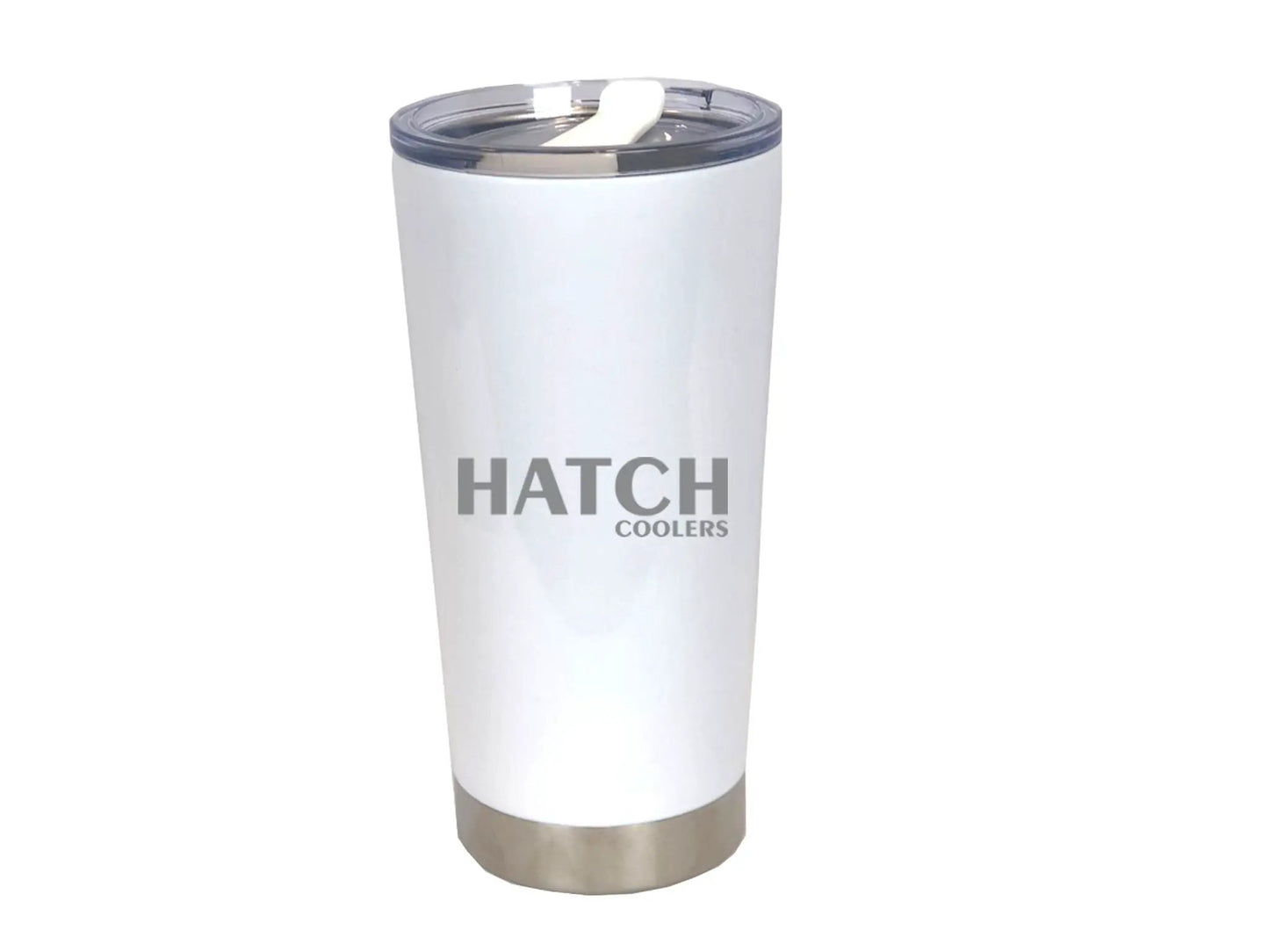 White 20 oz travel tumbler with vacuum insulation, Hatch Coolers branding and stainless steel bottom on Tampa Home & Garden Store