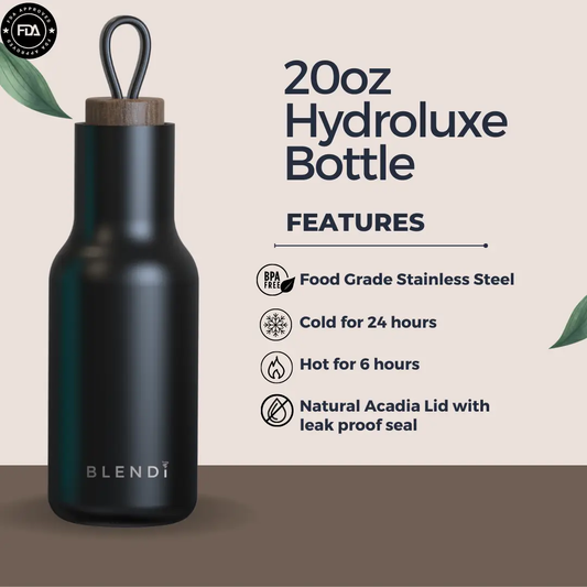 Hydroluxe 20oz tumbler water bottle with wood cap in black stainless steel by BLENDi on Tampa Home & Garden Store